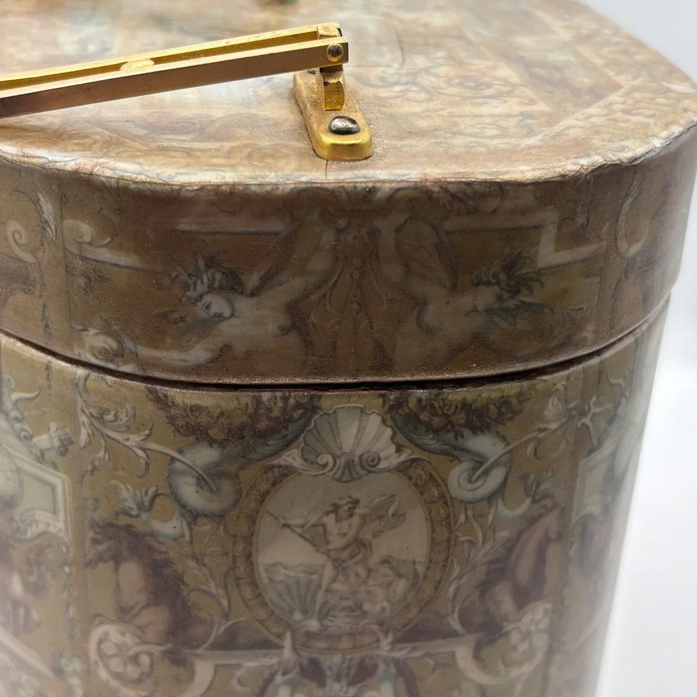Vintage Decoupage Wood Purse Metal Handle Lined Metal Latch Greek God Design